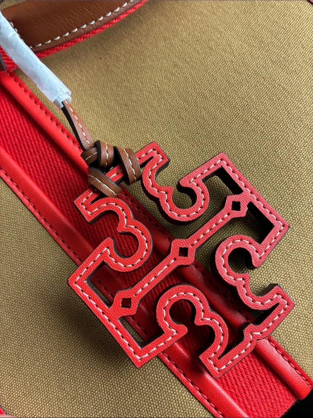 Tori Burch Tote Bag in Olive and Red with Logo Charm